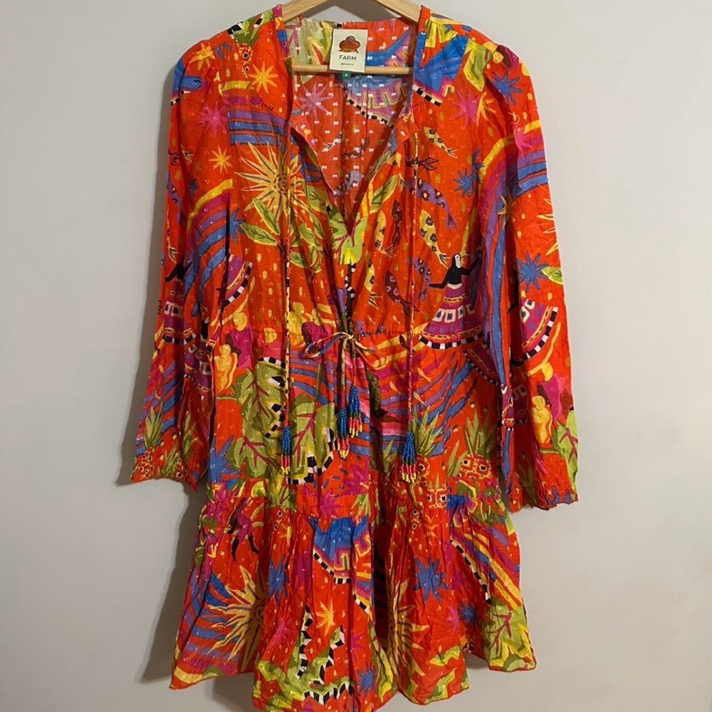 Farm Rio Tropical Print V-Neck Drawstring Dress